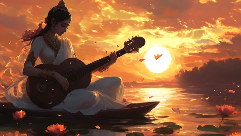 Sunlit goddess plays guitar over lotus lake at dusk.