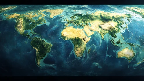 Detailed world map glows with vivid topographic relief.