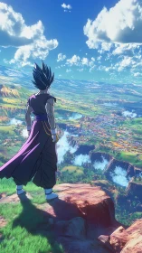 Cel-shaded warrior surveying expansive fractal valleyscape.