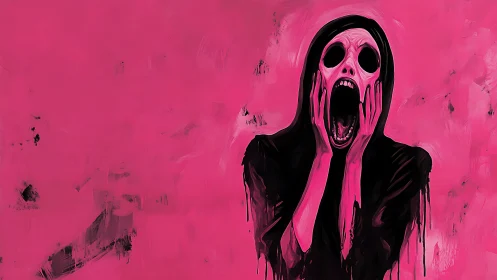 Figure in black robe stands against uniform pink background