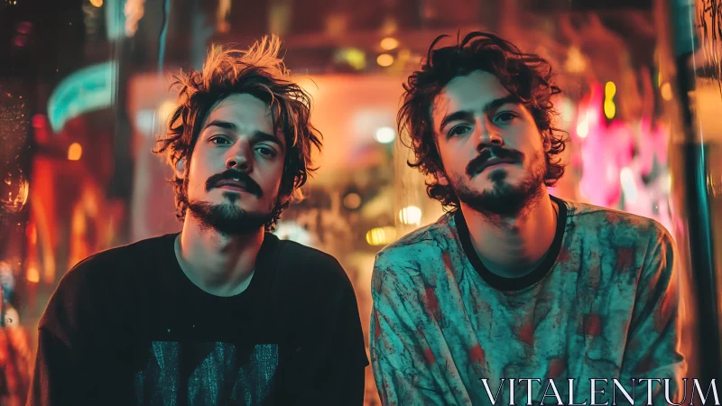 Neon-tinted twin moods in a dreamy city nightscape.