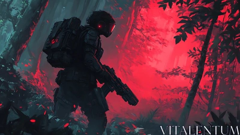 Neon dusk commando stalks a glowing red alien jungle. Period.