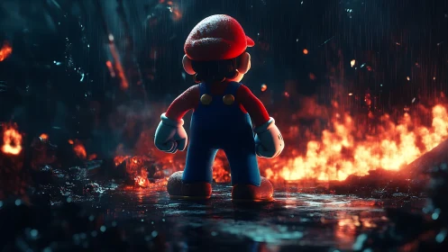 Mario Figure Standing Defiant Amid Explosive Inferno