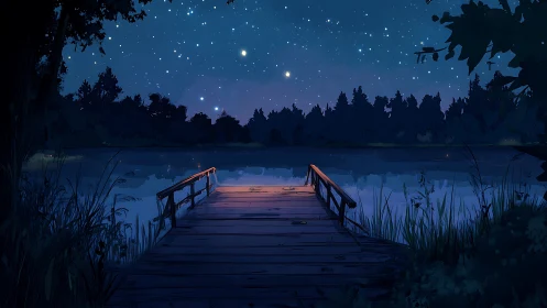 Wooden lakeside pier under clear starry night sky