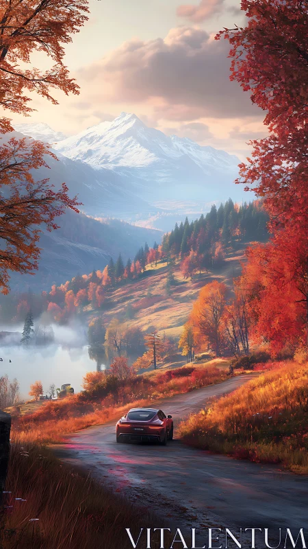 Red sports car follows winding autumn road toward snowy peaks