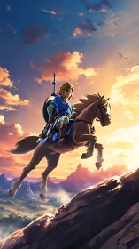 Heroic rider ascends sunlit cliff over expansive valley