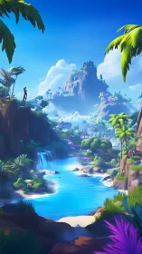 Floating Mesa Valley with Cascading Waterfall and Digital Painterly Sky Rendering