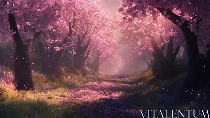 Sunlit cherry blossom lane with drifting pink petals.