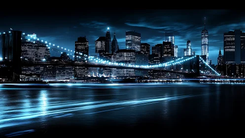 Illuminated suspension bridge spans neon blue city skyline