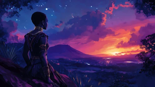 Woman in regal attire watches a luminous violet sunset.