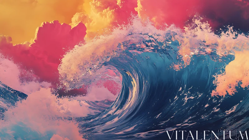 Neon tide curls beneath a sherbet storm sky in motion.