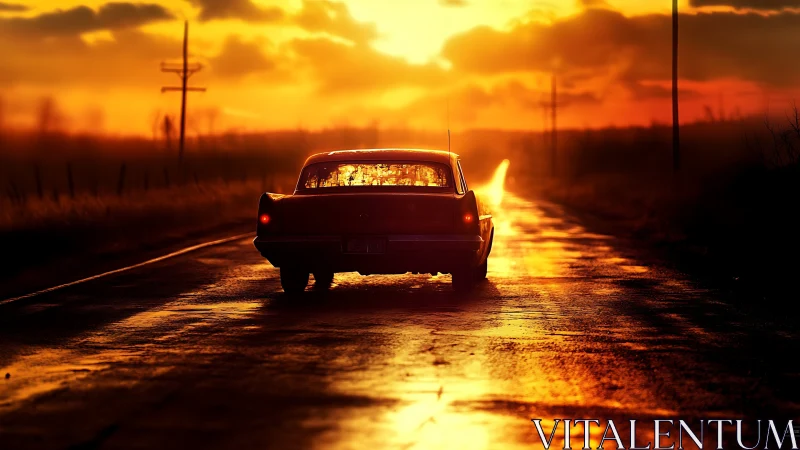 Sunset highway cruise with lone vintage car in silhouette.
