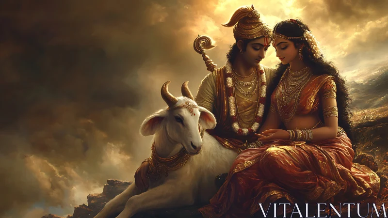 Mythic pastoral duet with divine couple and jeweled cow.