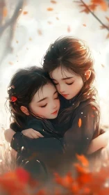 Two Sisters Embrace in Autumn's Golden Glow.