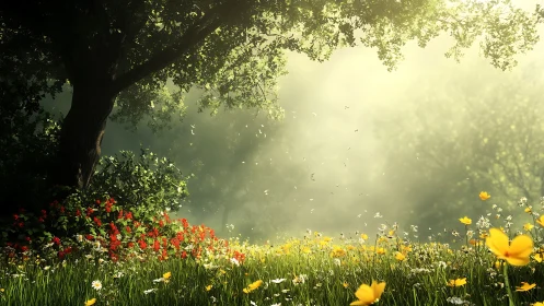 Sunlit wildflower meadow under large tree in soft morning haze
