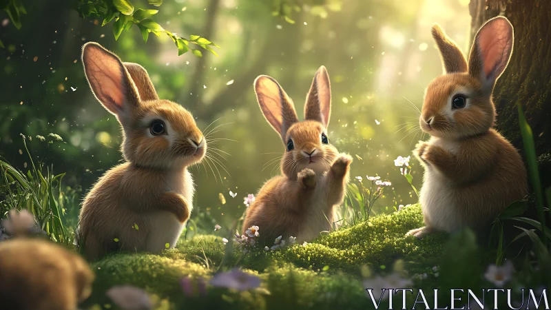 Playful baby rabbits in glowing moss forest clearing.