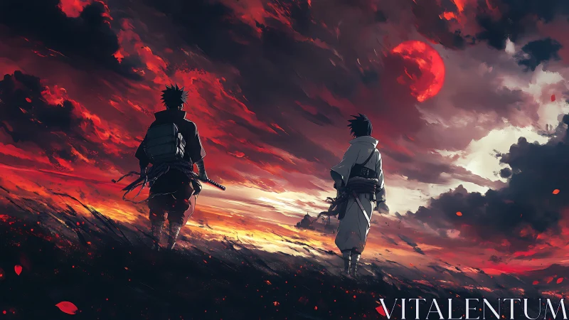 Two warriors under red storm sky at twilight.
