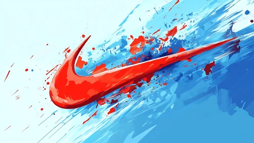 Dynamic red swoosh over blue abstract paint field.