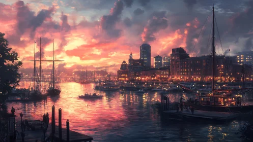 Harbor sunset glow with cozy city lights and calm boats.