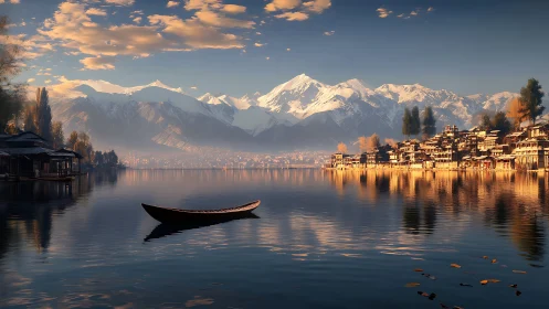 Still wooden boat drifts before sunlit lakeside town