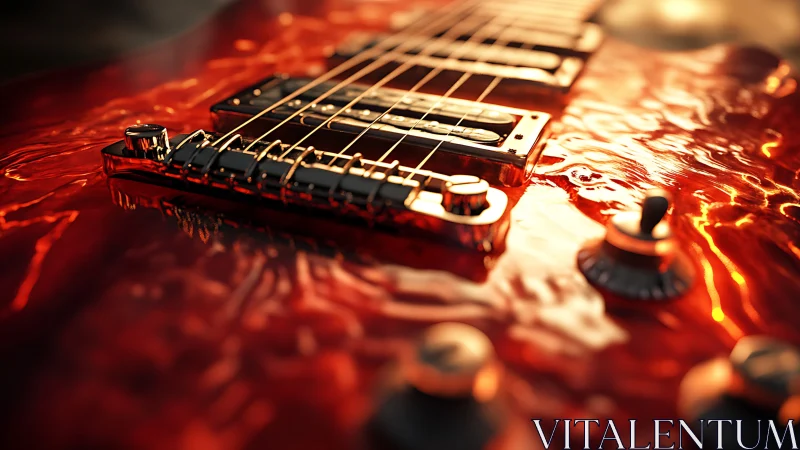 Close view of electric guitar bridge on glossy amber body.