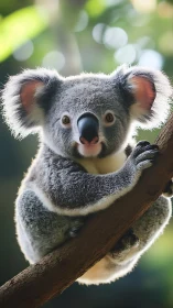 Playful koala perched on a branch in soft forest light.