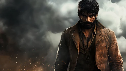 Brooding warrior strides through cinematic storm clouds.