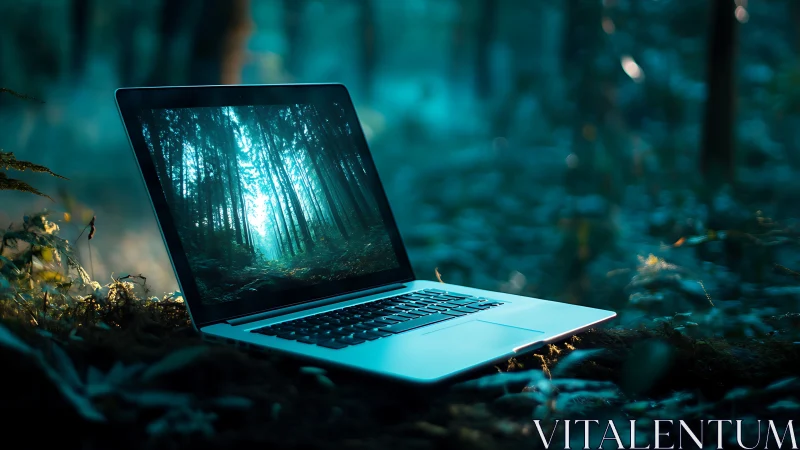 Laptop in a tranquil forest glow blending tech and nature.