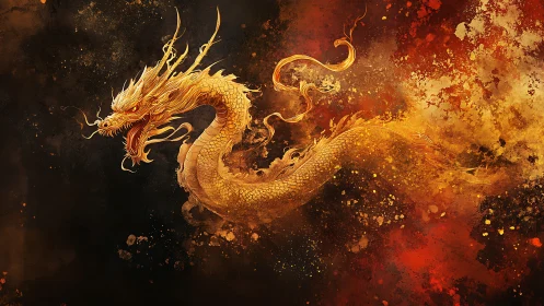 Golden oriental dragon on fiery textured abstract background