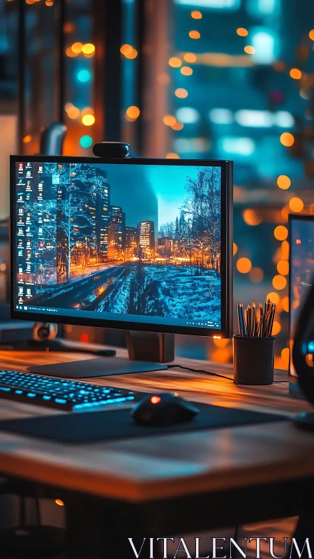 Moody desktop workstation with cityscape monitor glow.