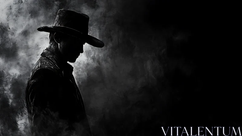 Silhouetted cowboy in profile against dense smoke field.