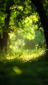 Sunlit forest clearing glows with soft morning tranquility