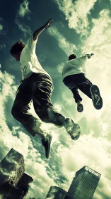 Two figures jump between city buildings in low angle view