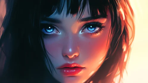 Digital portrait shows close-up stylized face with blue eyes
