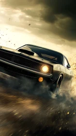Muscle car stormrunner carving fire across rain-soaked dusk.