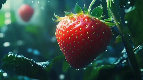 Macro rendering showcases wet strawberry with cinematic depth of field