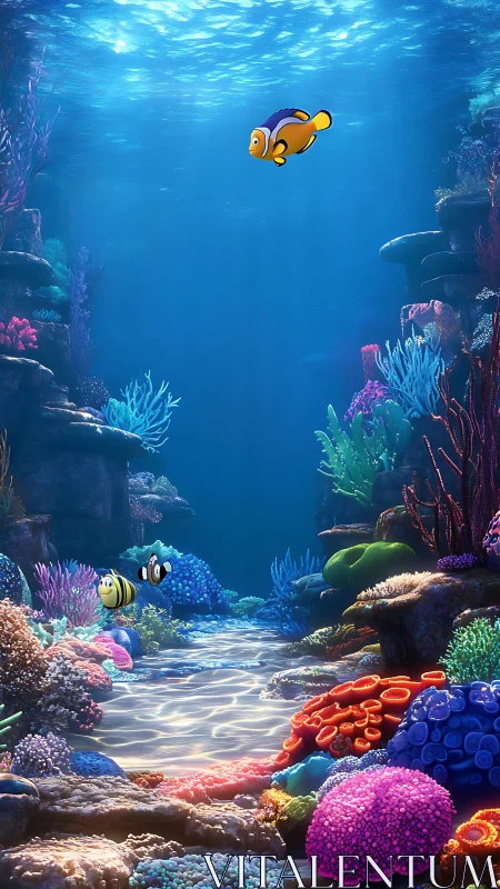 Digital reef corridor with stylized clownfish focal hierarchy.