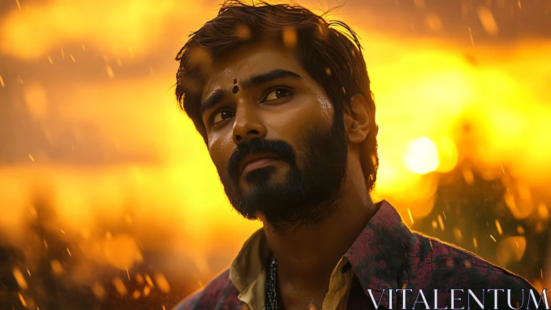 Bearded man in warm sunset light with drifting sparks.