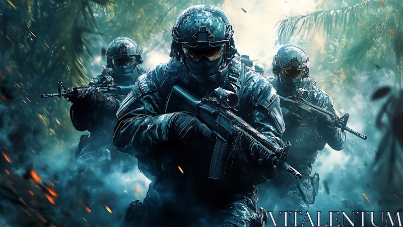 Tactical strike team advancing through dense jungle smoke.