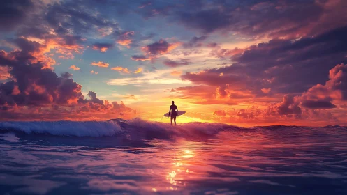Sunset surfer gliding through glowing cotton candy waves.