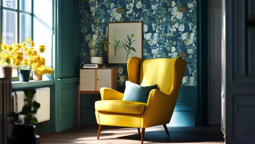 Yellow lounge chair anchors teal floral living corner.