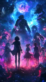 Neon-lit anime ensemble under cosmic vortex composition.