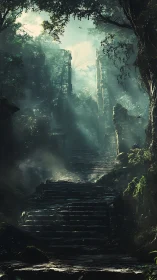 Misty stone staircase leading toward hidden jungle ruins.