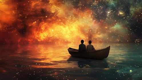 Two stargazers adrift on molten nebula waters at twilight.