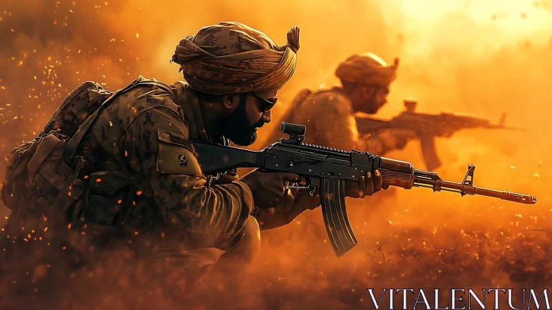 Sunlit battlefield warriors moving through ember bright haze.