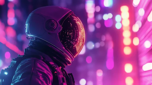 Neon lit astronaut profile against blurred city lights.