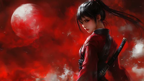 Female swordsman stands before red celestial background