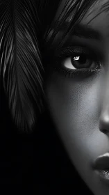 Monochrome close-up portrait with feather and glossy eye.