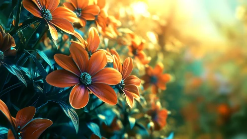 Orange Flowers with Cyan Foliage and Warm Backlighting.