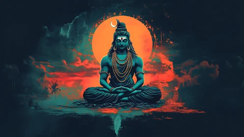 Serene blue Shiva meditates before a fiery cosmic sunrise